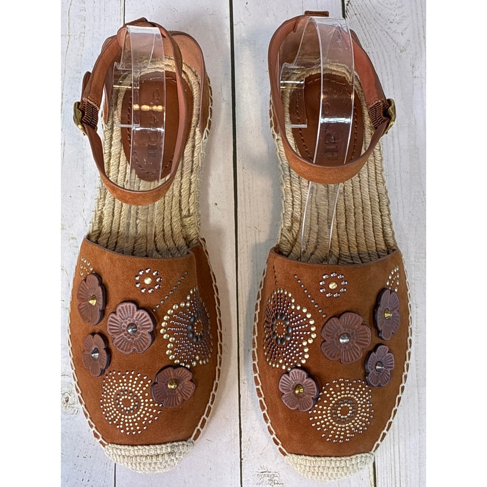 Coach G2054 Suede Tea Rose Floral Studded Espadrille Ankle Strap Flats Brown 9B - Picture 4 of 8